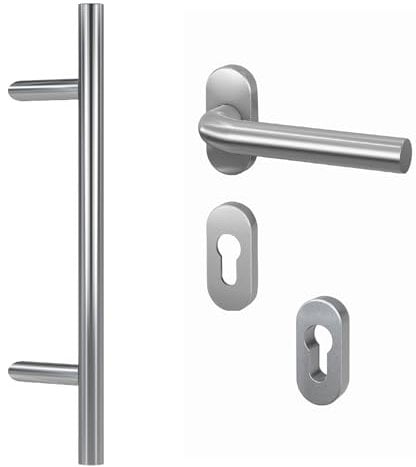 BASI | Komplettset für Haustür aus Edelstahl | Stoßgriff mit Beschlag und Abdeckungen | Haustürgriff Stangengriff | Länge: 400 mm - Abstand: 300 mm