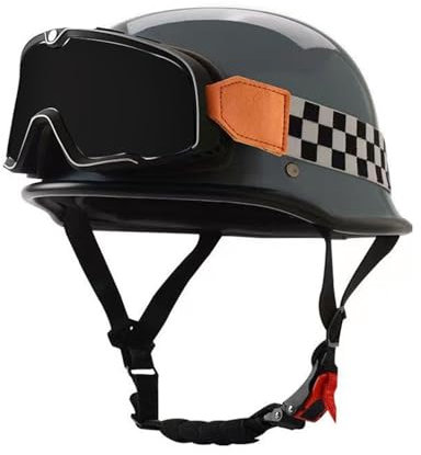 Retro Motorrad Halbhelme Halbhelm Deutscher Stil Roller Cruiser Chopper Mit Brille ECE Zertifiziert Roller-Helm Scooter Mofa-Helm C,3XL=65-66CM