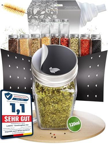 LAEVU Gewürzgläser Set Eckig | 12 Stk. 120ml - 10,5 x 4,5 cm | mit 30 Gewürzetiketten, 48 Streueinsätze, 1 Kreidestift zum Beschriften und noch mehr | 12