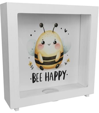 Biene Bee Happy Rahmen Spardose aus Holz Niedliche Dicke Biene im Zeichnungs-Cartoon flauschig und freundlich spart glücklich Ihr Geld