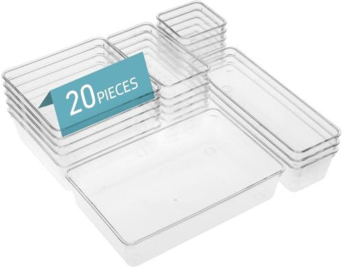 ilauke 20Pcs Drawer Organiser, Transparent Acrylic Storage Bins, Various Sizes, Anti-Slip Pads, Perfect for Office, Bedroom, Kitchen, Jewelry & Gadgets