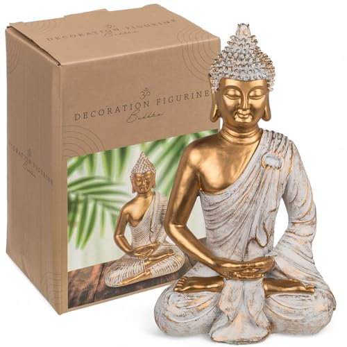 MIJOMA Buddha-Dekofigur, Gold & Weiß, Vintagelook, Polyresin, 14-34 cm Höhe, optional mit Teelichthalter - Spirituelle Ruhe und Eleganz (21 x 13 x 34 cm)