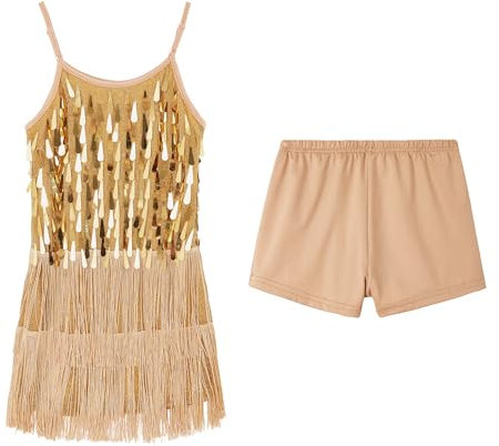 LOLANTA Mädchen Pailletten Fransen Tanzkostüm, Kinder Salsa Rumba Latein Tanzkleidung Set, Glitzerndes ärmelloses Quasten Tanz Mini Kleid mit Shorts, Gold, 8-9 Jahre, 140