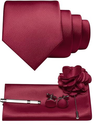 JEMYGINS Herren Krawatte aus Twill mit einfarbigem Design inklusive Pocket Square Manschettenknöpfen Krawattenklemme und Blütenbrosche Geschenkset für Partys Business Hochzeiten weinrot