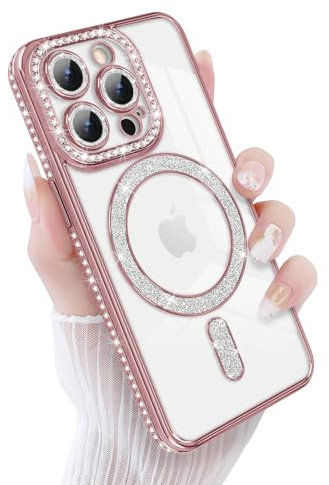 Newseego für iPhone 15 Pro Hülle, Glitzer Funkelnde Diamanten Handyhülle Kompatibel mit MagSafe Luxuriös Bling Flexibel TPU Glitter 6,1 Zoll Schutzhülle Fallschutz Stoßfest für iPhone 15 Pro Rosa