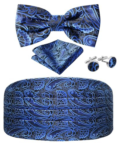 JUNMEISI Paisley-Kummerbund und Fliege, verstellbar, formell, Herren-Kumberbund, Smoking, Fliege, Manschettenknöpfe, Set und Einstecktücher, Blau, 4-Stück Set