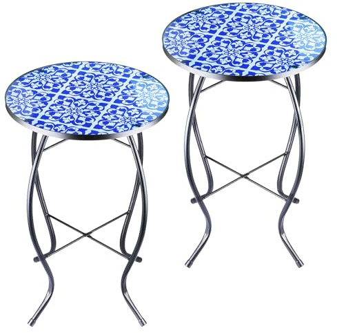 Lot de 2 tables d'appoint rondes en verre - Petite table basse en métal - Pour balcon, jardin, terrasse, extérieur, salon - Motif mosaïque