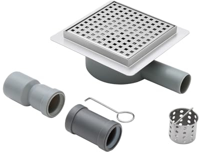 KINKIBOS Duschrinne Quadrat 15 x 15cm Gebürstet, 360°Siphon mit Geruchsstop und Haarsieb, 304 Edelstahl Ablaufrinne Bodenablauf Dusch sehr flach DN50 DN40