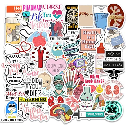 Medizinische Sticker | 50 Stück Arzt-Krankenschwester Motive Wasserdichte Vinyl-Aufkleber | Anatomie des menschlichen Körpers für Wasserflaschen, Laptops, Koffer, Tassen, Handys, Skateboards
