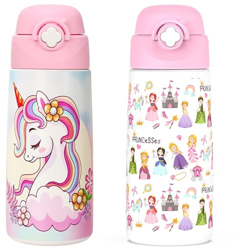 Ntswasd Girls Insulated Water Bottle with Covered Pop-Up Straw,500 ML Kids Cups with Stainless Steel Leak Proof for School(2PCS,Unicorn+Princess)