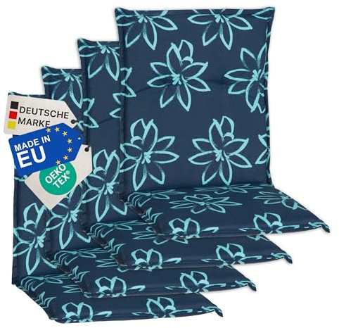 NYVI Gartenstuhl Auflagen Niedriglehner 4er Set Barcelona - UV-Beständig, Atmungsaktiv, Strapazierfähig - Niedriglehnerauflagen Sitzkissen Outdoor - Sitzauflagen 100x50cm Blume Hellblau
