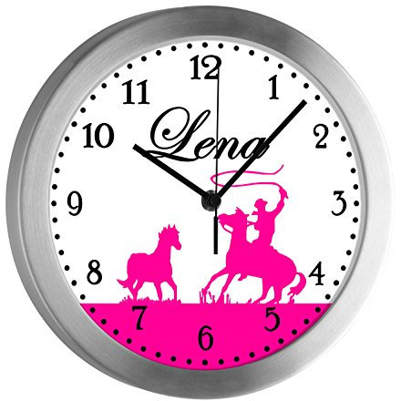 CreaDesign Kinder Funkwanduhr mit (Wunsch) Namen | Kinderzimmer Funkuhr| mit Analog ? Ziffernblatt | geräuscharm | Wanduhr Kind | Motiv Cowboy Pferd