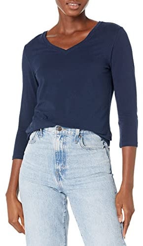 Amazon Essentials Women's Regular-Fit 3/4 Sleeve V-Neck T-Shirt (Available in Plus Size), Navy, L