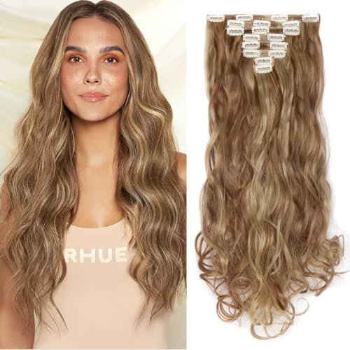 TESS Haarteile Clip in Extensions wie Echthaar günstig Haarverlängerung 8 Tressen 18 Clips Ombre Haarteil Gewellt 24(60cm)-140g Hellbraun/Honigbraun