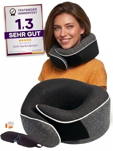 AIRTH Reise-Nackenkissen Memory Foam – Ergonomisches Nackenhörnchen Flugzeug & Auto – Verstellbares Reisekissen inkl. Schlafmaske & Tasche – Waschbarer Bezug, Kompakt & Weich
