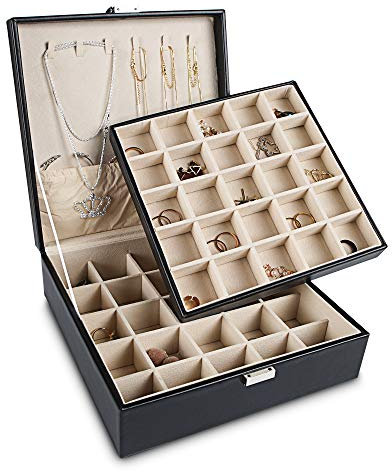 Frebeauty Ohrring-Organizer, 50 Fächer, Ohrring-Organizer, 2-lagige Schmuckschatulle für Ohrringe und Halsketten, PU-Schmuck-Organizer, Schmuck-Organizer und -aufbewahrung (Schwarz)