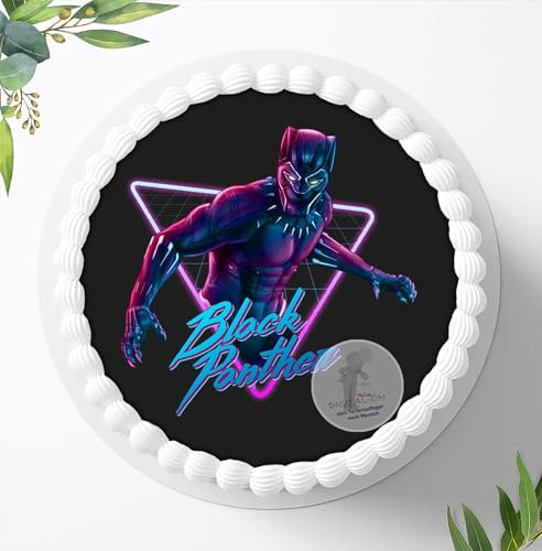 Für den Geburtstag ein Tortenbild, Zuckerbild mit dem Motiv: Black Panther, Essbares Foto für Torten, Fondant, Tortenaufleger Ø 20cm, 0403w