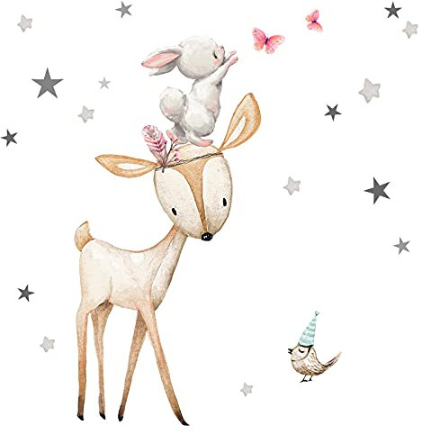 Little Deco Wandsticker Wandtattoo Kinderzimmer Tiere Wandaufkleber REH Hase Sterne Wanddeko Kinder Baby Schlafzimmer Junge Mädchen DL668-2