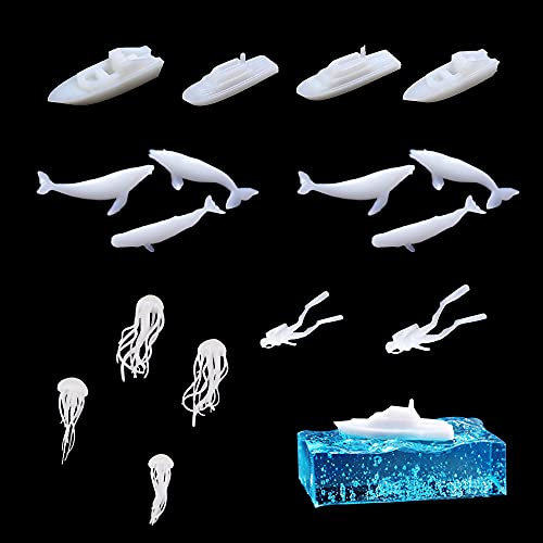 NA Woohome 16 Stück 3D Epoxy Silikonform Füller Resin Mould Filler, Mini Kreuzfahrtschiff Wal Qualle Taucher Gießform Füller Harz Füller Schmuckherstellung Resin Mold Filler für Silikonformen