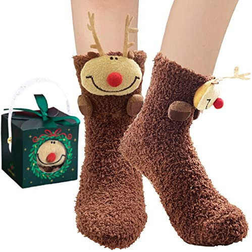 BINXWA lustige socken Geschenk für frauen Mama, Elch Antirutschsocken damen, Weihnachtsgeschenke für Frauen haussocken damen, kuschelsocken flauschig mit Geschenkbox