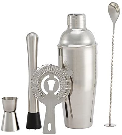 Amazon Basics cocktail, 5 unités, 70 cl, shaker, doseur, passoire, pilon, Acier inoxydable