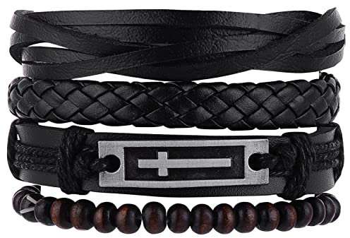 Yolev 4pcs Leather Bracelet Set for Men Women, Cross Charm Black Brown Wide Wristband, Woven Leather Cuff Wrap Bracelet Set, Elastic Adjustable Length