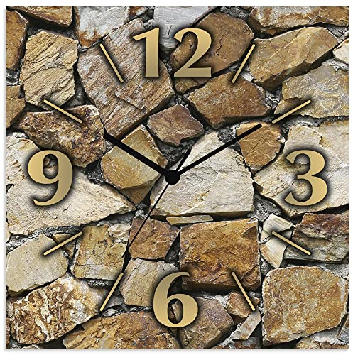 ARTLAND Wanddeko Wanduhr ohne Tickgeräusche Alu Quarzuhr 30x30 cm Quadratisch Lautlos analoge Quarzuhr, 4 Ziffern 30x30 cm Braune Steinwand T9FK