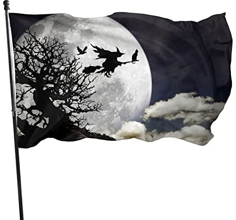Fahnen Halloween Hexe, Fliegende Hexe Schläger Besen Flaggen 5 x 3 Ft, Hochwertige Polyester Lichtbeständige Wetterfeste Flag für Halloween Festiva