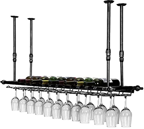 LYPGA Portabicchieri da vino, supporto da appendere, portabottiglie vintage, decorazione regolabile da soffitto, fissaggi inclusi (nero, 80 cm x 30 cm)