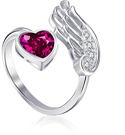 Qings Juli Rubin Geburtsstein Ringe Sterling Silber Damen Verstellbarer Birthstone Flügel Feder Rot Herz Zirkonia Verlobungsring Eheringe Geburtsstein Schmuck für Frau Freundin