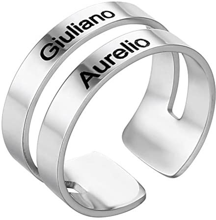 JewelryWe Schmuck Personalisiert Ring Herren Damen mit 2 Namen Gravur Namensring Edelstahl Breit Offener Bandring verstellbar Finger Ring Silber