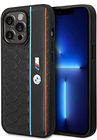 BMW Handyhülle für iPhone 14 Pro Max in Schwarz Hexagonal Muster, PU Leder M Collection, Glatte Schutzhülle mit Einfachem Snap-on, Stoßdämpfung & Signature Logo