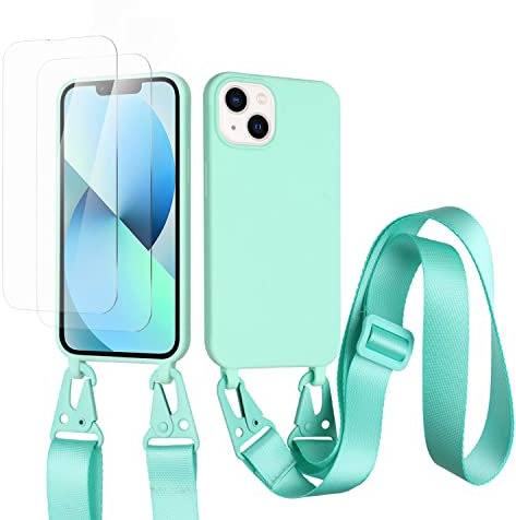vrupin Coque Compatible avec iphone 14+[2 pcs Protecteur d'écran],Étui en Silicone Liquide, avec Sangle réglable, Collier et Cordon de Serrage—Vert Clair