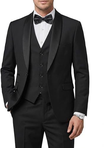 Hihawk Smoking 3 pièces pour Homme en Tissu Extensible, avec col châle à Un Bouton, Gilet et Pantalon avec nœud Papillon, Noir, Taille M