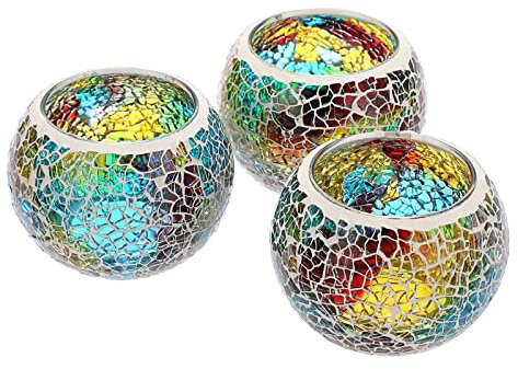 BSTKEY Juego de 3 portavelas de cristal con diseño de mosaico, portavelas decorativo, centro de mesa redondo para mesa, boda, fiesta, decoración del hogar (colorido)