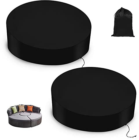 Joparri 2er Sonneninsel Abdeckung Wasserdicht, Rund Schutzhülle mit Einstellbarer Spanngurt, Schutzfolie Sonneninsel Reißfest Winterfest UV Beständig (190x90-50CM Schwarz)