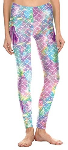 ORANDESIGNE Damen Meerjungfrau Leggings mit Flossen Hohe Taille Fischschuppen Strumpfhosen Halloween Karneval Kostüm Skinny Hose Mermaid Trousers Schuppenmuster Leggings B Rosa L