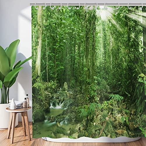 Hnmdmyi Duschvorhang Wald 180x200, Tropischer Dschungel Regenwald Grüner Baum Pflanze Natur Landschaft Szenerie Badewanne Vorhang Wasserdicht Polyester Stoff Waschbar Badevorhang für Badezimmer