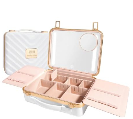 ROWNYEON Reise-Make-up-Koffer mit beleuchtetem Spiegel, tragbarer Zugkoffer, Organizer, Make-up-Box für Mädchen, Make-up-Künstler, Make-up-Tools, Friseure, Reise-Make-up-Koffer, Weiss/opulenter Garten