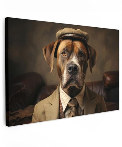 MuchoWow© Impression sur Toile Decoration Murale Peinture 90x60 cm Tableaux Decoratifs Muraux Décoration Chambre Vintage - Chien - Chapeau - Costume - Banque - Marron