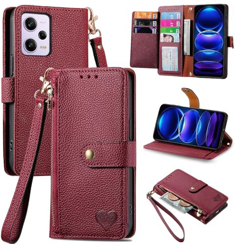 VEEMOS Handyhülle für Xiaomi Redmi Note 12 Pro 5G Hülle Klappbar Klapphülle Schutzhülle mit Kartenfach RFID Reißverschluss Handy Tasche Leder Flip Case Cover Handytasche Frauen - Rot