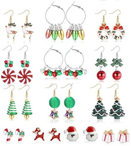 agctrler 13 Paar Ohrringe Weihnachten Set, Hängend Weihnachtsohrringe, Exquisit Mädchen Weihnachts Ohrringe Set, Schneeflocke Bogen Blume Elch Dangle
