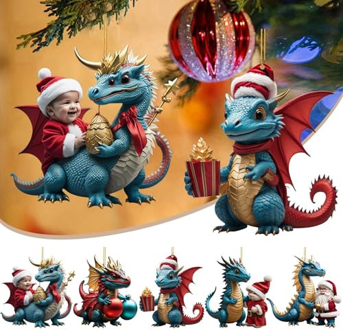 1/5 Stück Weihnachtsdeko Niedlicher Baby Drache im Ei Anhänger Weihnachten Dinosaur 2D Acryl Lustige Weihnachtskugel Cute Deko Christmas Ornaments Tannenbaumschmuck Weihnachtsbaum (5 Stück, One Size)