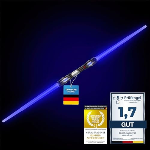 GOODS+GADGETS Doppelklingen Laserschwert Lichtschwert Laser Sword 138 cm Schwert mit Beleuchtung & Sound (Duellklinge Blau)
