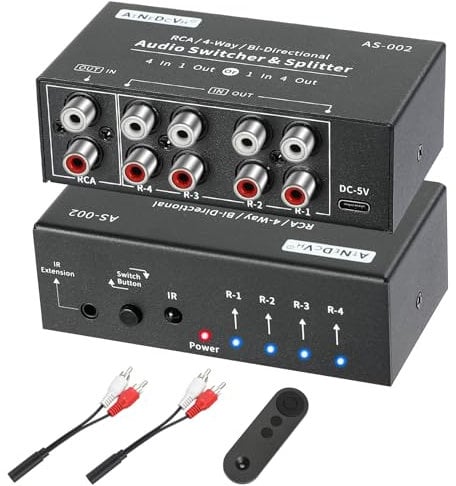 AtNeDcVh Divisor de conmutador de Audio bidireccional de 4 vías Compatible con RCA, 1 Entrada 4 Salidas / 4 entradas 1 Salida estéreo L/R Canal de Sonido Selector de Interruptor con Control Remoto