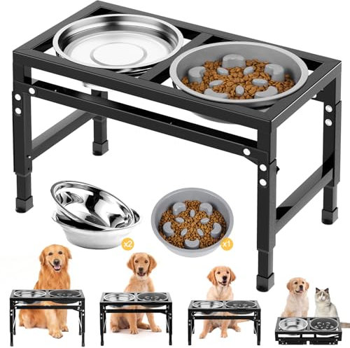 X XBEN Erhöhter Hundenapf, 2-in-1 Langsamfutternapf & 2 Eingedickte Edelstahlnäpfen, 4 Höhenverstellbar Hundenapf Futterbar aus Metall, Futternapf Futterstation für Kleine Mittlere Große Hunde