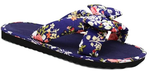 IMTY Womens Floral Mule Sandals Slip On Summer Beach Flip Flops Ladies Flat Bow Sliders Spa Pool Slides (Navy Floral, UK Footwear Size System, Adult, Women, Numeric, Medium, 6)