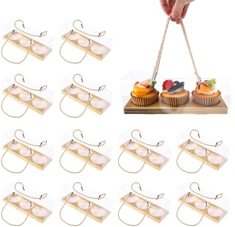 CosyCaya 12Pcs Transparent Cupcake Boxes, 3 Hole Round Clear Cupcake Boxes, Cupcake Container Individual for Christmas Holiday Bakery Shop Treat Cupcakes Packaging