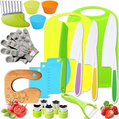 Montessori - Coltelli da cucina per bambini, set da cucina per cucinare con coltelli da chef, taglierino, pelapatate a Y, tagliapasta per frutta, guanti da cucina e tagliapasta