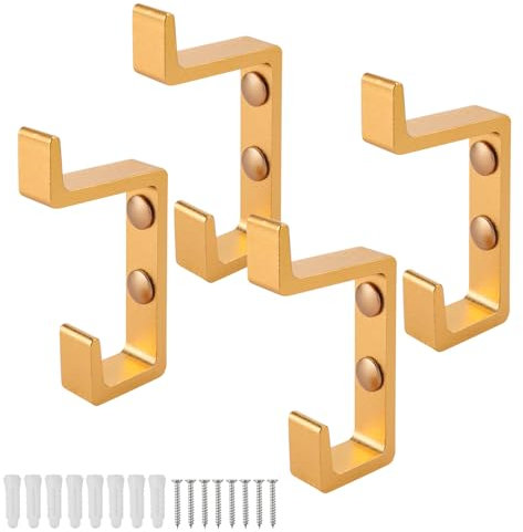 SHENGYIG 4 Pezzi Ganci da Parete Dorati in Alluminio Spaziale Rinforzato, Design Doppio Gancio con Viti, Ideali per Bagno, Soggiorno e Camera da Letto